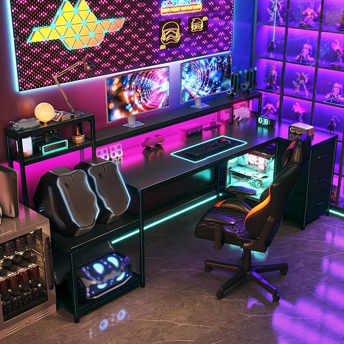71" L Shaped Gaming Desk with 3 Drawers & Hutch,Computer Desk with Monitor Stand & Power Outlet,Home Office Desk Reversible Black Desk with LED Light,Printer Shelf for Home Office,Black Carbon Fiber