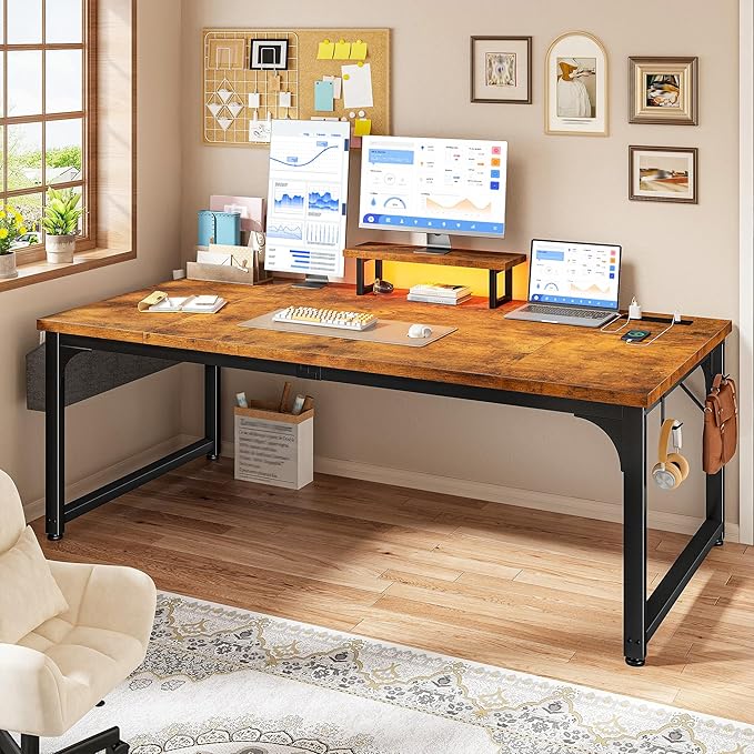 Computer Desk with 0.95 Inch Thicker Desktop & Monitor Stand & Storage Bag, Office Desk with Power Outlets, Gaming Desk with LED Light, Writing Desk for Home Office, Study, Bedroom, Brown