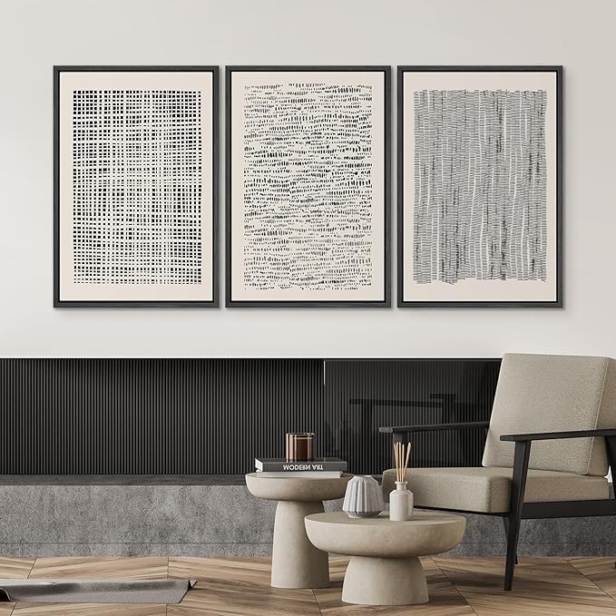 SIGNWIN Framed Canvas Print Wall Art Set Geometric Dark Black Grid Wave Pattern Abstract Shapes Cozy Neutral Modern Art Decorative Contemporary for Living Room, Bedroom, Office - 16"x24"x3 Black