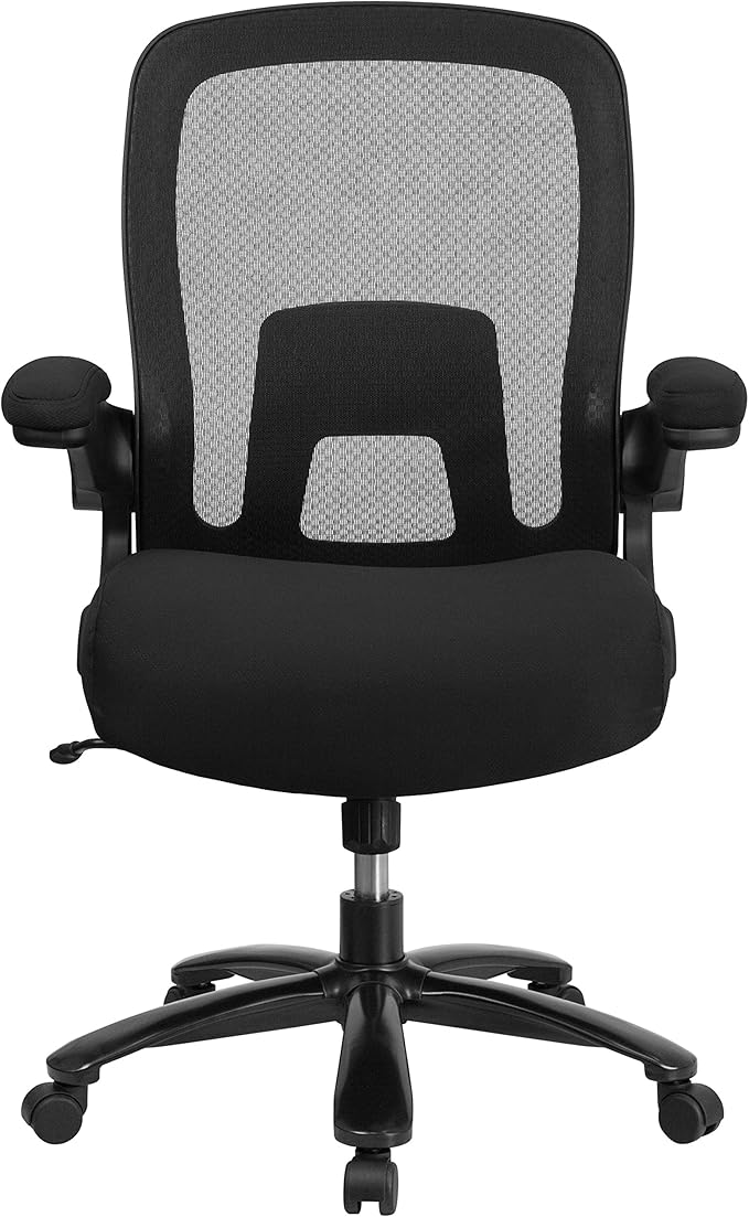 Flash Furniture Big & Tall Swivel Office and Gaming Chair with Lumbar and Back Support, Ergonomic Mesh Office Chair with Flip-Up Armrests and Adjustable Height, Black