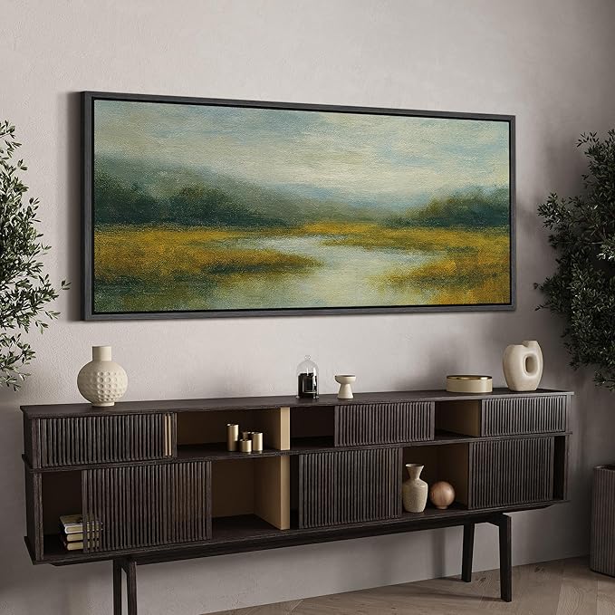 SIGNFORD Extra Large Framed Canvas Misty Meadow River Landscape Illustrations Modern Art Calm Warm for Living Room, Bedroom, Office - 60"x30"