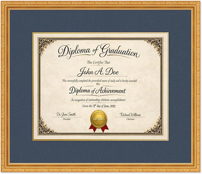 Diploma Frame Museum Gold with Navy Blue Over Gold Double Mat - Fits 15 x 12 Military/Government Wall Display Made in the USA