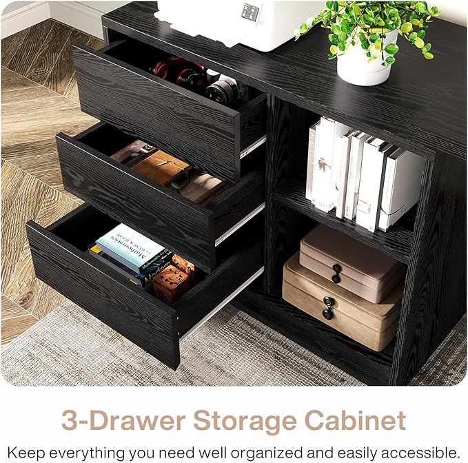 Tribesigns L-Shaped Computer Desk with Drawers and Shelves, Reversible Corner Office Desk with Storage Cabinet, Modern Study Writing Table for Home Office, Bedroom (Black)