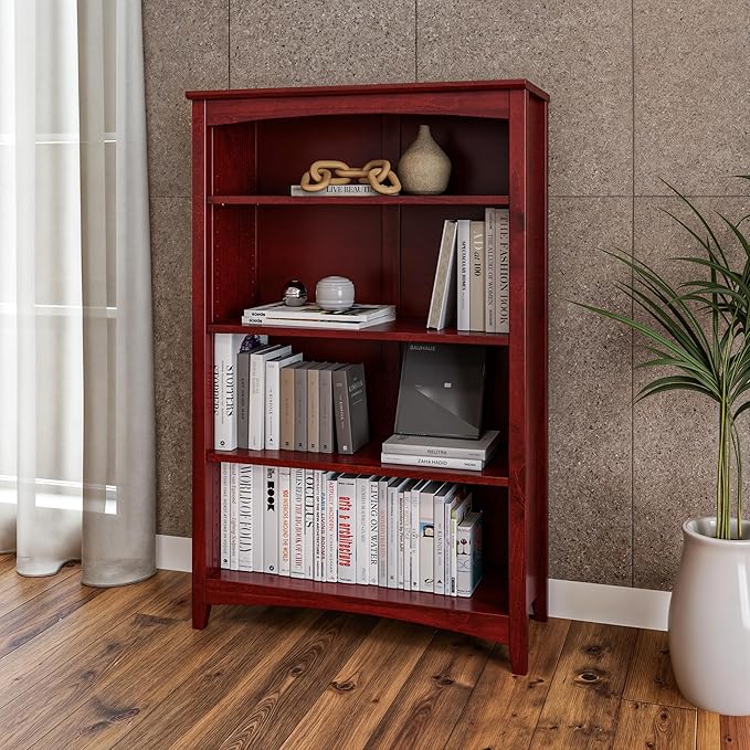 Camaflexi Shaker Style 4 Shelf Bookcase/Solid Wood / 48" High/Adjustable Shelving/Closed Back/Display Bookshelf for Living Room, Bedroom, Home and Office, Red Garnet Stain