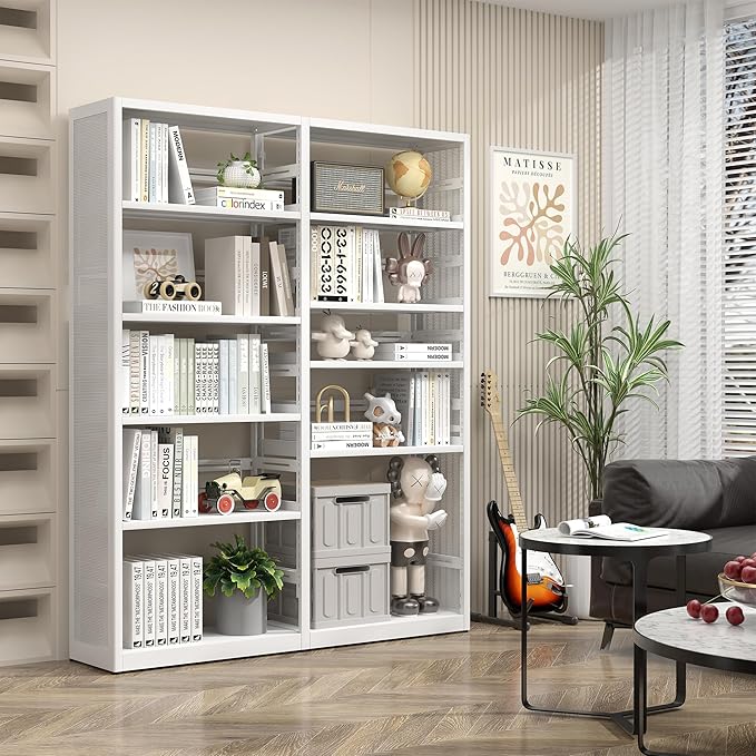 Large 5 Shelf Bookcase, Metal 5 Tier Bookshelf with Bookends, 54 Inch Wide Book Case, Tall Book Shelf Organizer, White Bookcases for Library, Home Office, School, Clinic-Assemble Required