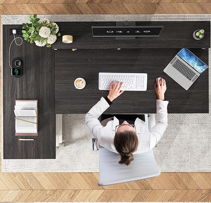 EnHomee 55" L Shaped Farmhouse Computer Desk with Drawers, Office Desk with Long Monitor Stand & Storage Shelves for Bedroom, Desk for Home Office, Desks with Power Outlets & LED Lights, Study Room