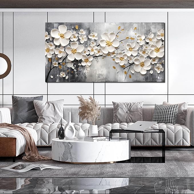 Large Pictures for Living Room - White Flower Canvas Wall Art for Bedroom - Modern Wall Decor for Office Women Size 29" x 59"