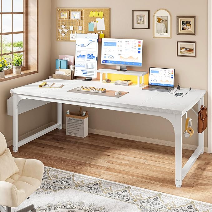 63 Inch Computer Desk with Monitor Stand & 0.95 inch Thicker Desktop,Gaming Desk with Power Outlets & LED Light,White Writing Desk for Home Office, Study, Bedroom, White