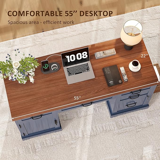 Whalefall 55'' Farmhouse Desk Home Office with Drawers, Executive Computer Desk Wooden with File Cabinet and Charging Station, Blue