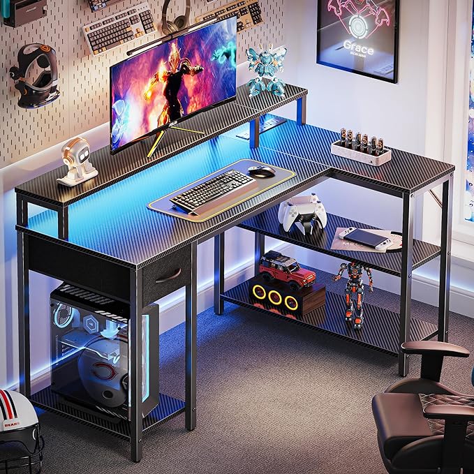 SUPERJARE 47 inch L Shaped Gaming Desk with LED Lights & Power Outlets, Reversible Computer Desk with Shelves & Monitor Stand, Corner Desk with Drawer, for Home & Office, Carbon Fiber Black