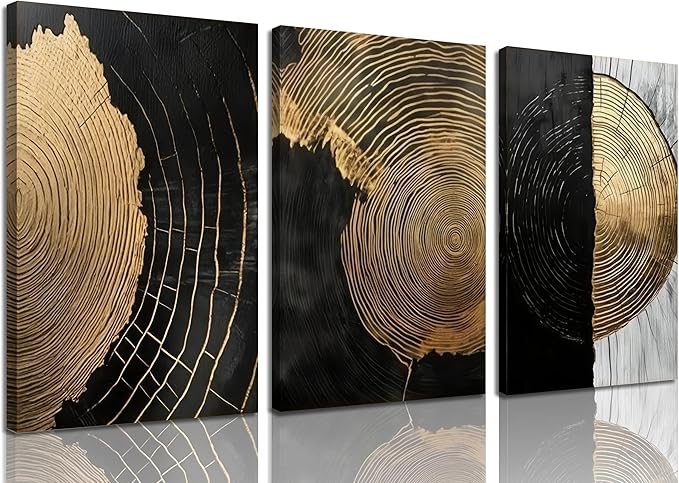 3Pcs Framed Minimalist Abstract Black Golden Canvas Wall Art Vintage Tree Ring Wall Decor Pictures Modern Rustic Posters Prints for Living Room Office Hallway Home Decoration 12x16in Ready to Hang