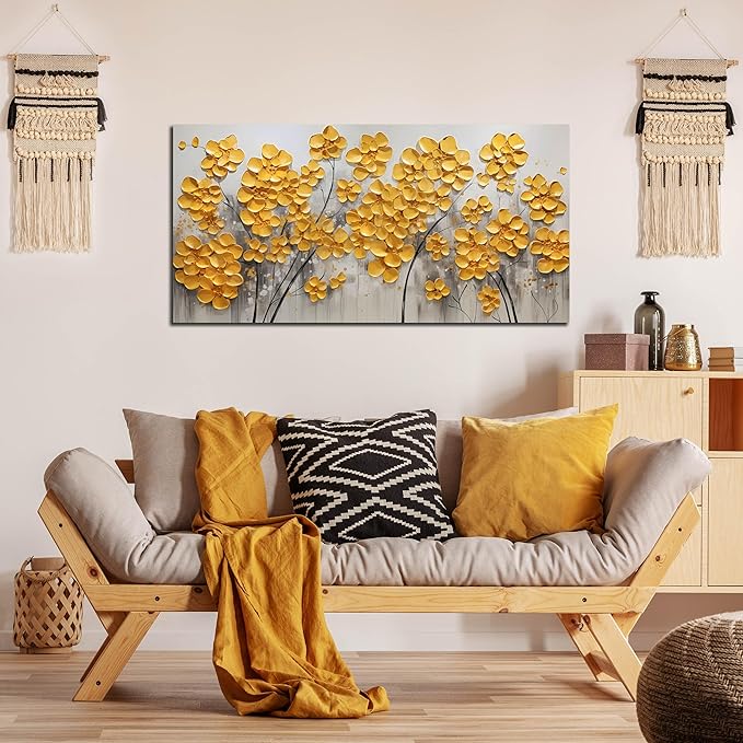 SKYRISE Abstract Gold Yellow Floral/Flower Wall Art Decor for Living Room, Modern Canvas Art Decorative-Picture Print Artwork for Bedroom Office, Size 40x20 Inches