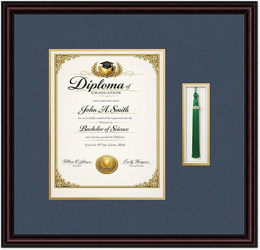 Diploma and Tassel Frame Fits 8.5 x 11 Certificate (Portrait) with Tasse Executive Brown Genuine Hardwood Shadowbox with Navy Blue Over Metallic Gold Double mat