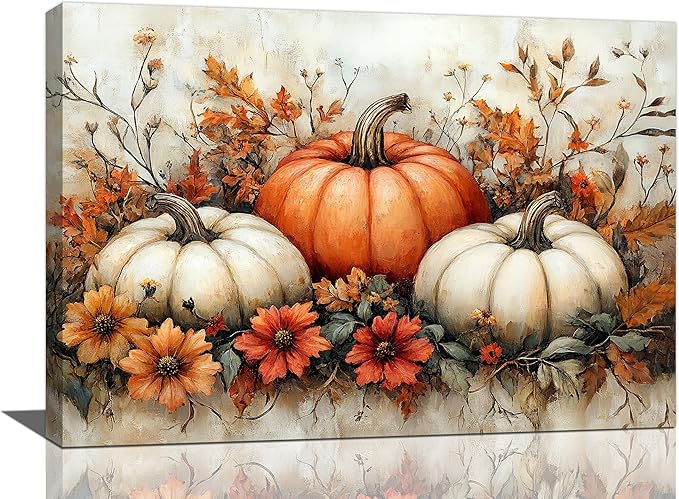 Fall Pumpkin Wall Art Autumn Leaf Pictures Wall Decor Maple Leaves Canvas Painting Modern Artwork Home Decoration for Living Room Bathroom Bedroom Office Framed 24"x16"