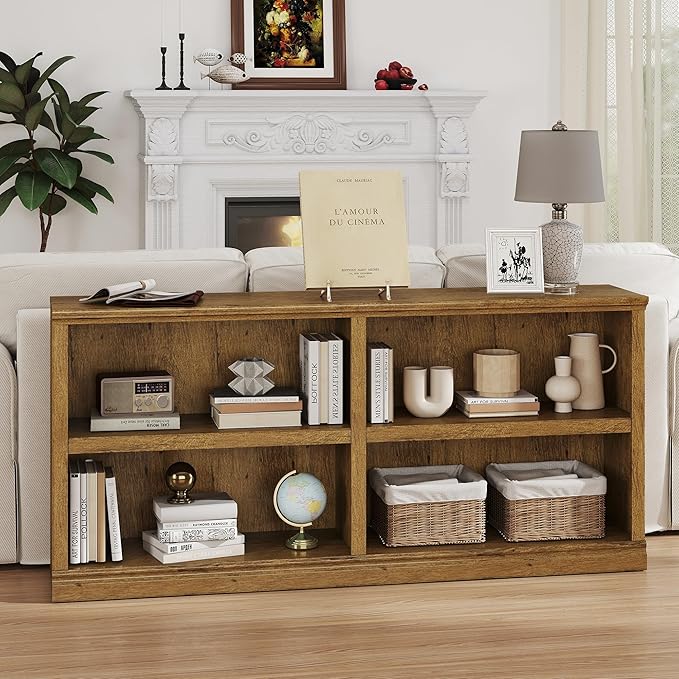 blini Bookshelf Double Wide 64“ 2-Tier Bookcase Vintage Oak 4 Cube Storage Organizer Wooden Bookcases for Bedroom and Home Office Decor Display
