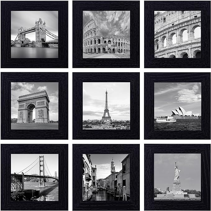 eletecpro 4x4 Picture Frames Set of 9 Classic Gallery Wall Frame Set Displays 4x4 Photo without Mat Square Picture Frames Collage Wall Decor, Black Modern Home Decor for Hanging
