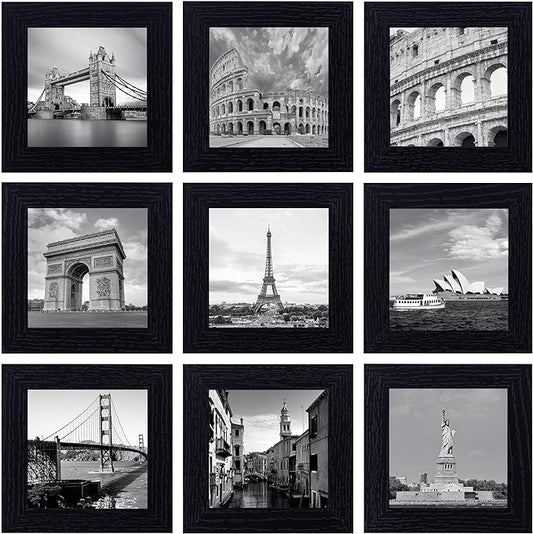 eletecpro 4x4 Picture Frames Set of 9 Classic Gallery Wall Frame Set Displays 4x4 Photo without Mat Square Picture Frames Collage Wall Decor, Black Modern Home Decor for Hanging