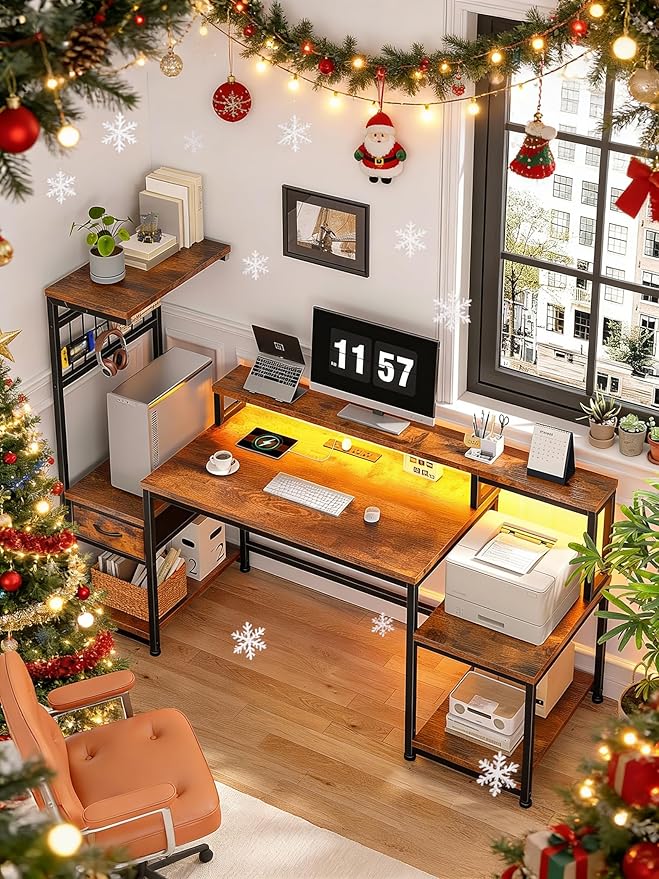 63" Gaming Desk with LED Lights & Outlets,Computer Desk with Drawers & Monitor Stand,Gaming Table with Storage Shelves & Printer Space for Game Room,Study Room,Home Office,Rustic Brown