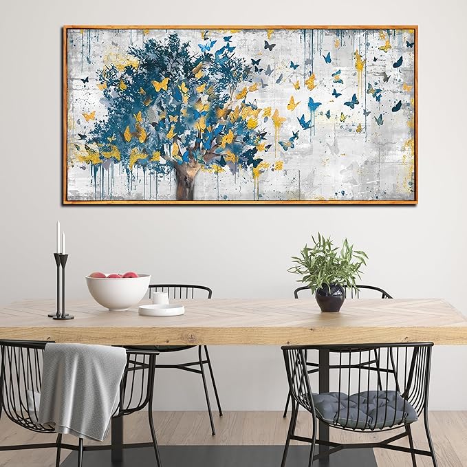 Large Framed Canvas Wall Art Blue Tree Golden Butterflies Picture Abstract Grey Graffiti Canvas Prints Ready to Hang for Living Room Bedroom Size 30x60