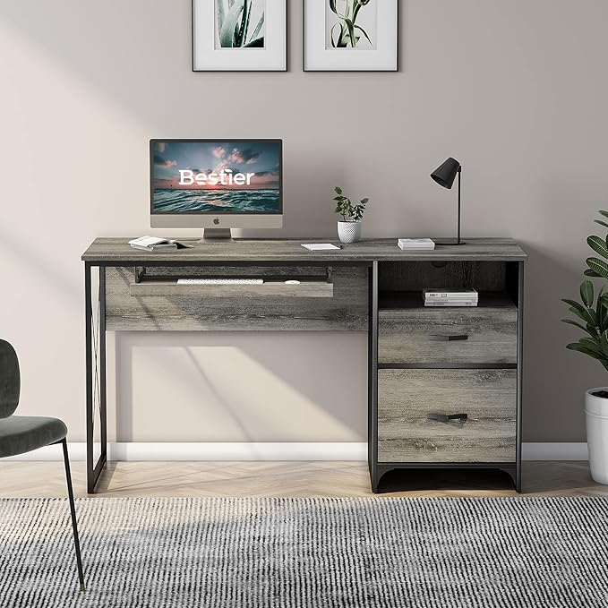Bestier Office Desk with Drawers, 55 inch Industrial Computer Desk with Storage, Wood Teacher Desk with Keyboard Tray & File Drawer for Home Office, Dark Gray Oak