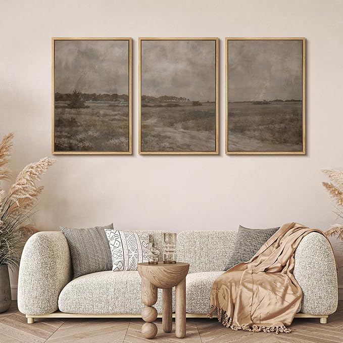 MUDECOR Framed Wall Art Print Set Vintage Neutral Countryside Landscape Rustic Field Path and Distant Trees Illustrations Modern Art Decorative for Living Room, Bedroom, Office - 16"x24"x3 NATURAL