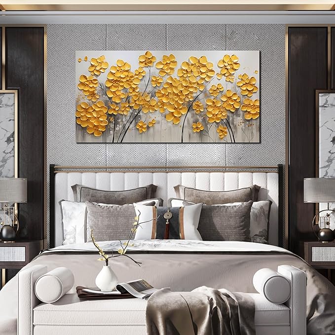 SKYRISE Abstract Gold Yellow Floral/Flower Wall Art Decor for Living Room, Modern Canvas Art Decorative-Picture Print Artwork for Bedroom Office, Size 48x24 Inches
