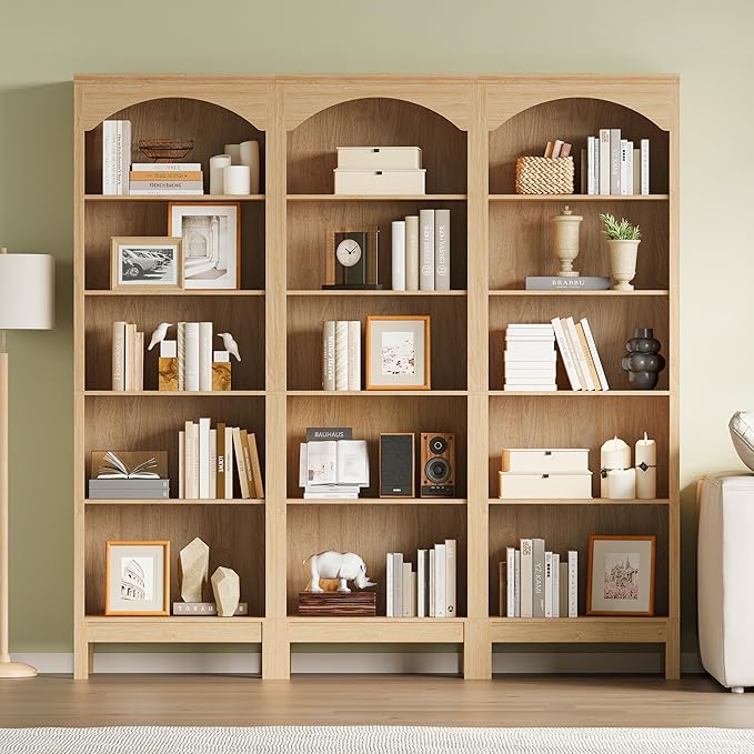 Arched Bookshelf with 5 Tier Open Shelves, 71" Tall Wood Bookcase with Adjustable Shelves, 24" Wide Floor Standing Display Storage Shelf for Home Office, Kitchen, Study and Living Room, Natural Oak