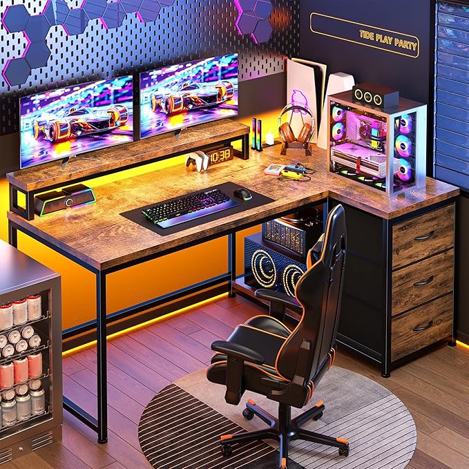 EnHomee L Shaped Gaming Desk with Monitor Stand & 3 Drawers, 48 Inch Computer Desk with Power Outlet Reversible Office Desk with LED Lights for Gaming, Study Room, Home Office, Rustic Brown