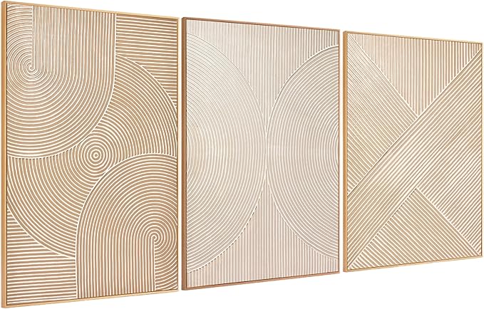 Zessonic Large Textured 3D Wall Art Neutral Set of 3-24"x36" Hand-Painted Abstract Canvas Framed Paintings Brown for Living Room, Bedroom - Modern Minimalist Neutral Boho Decor