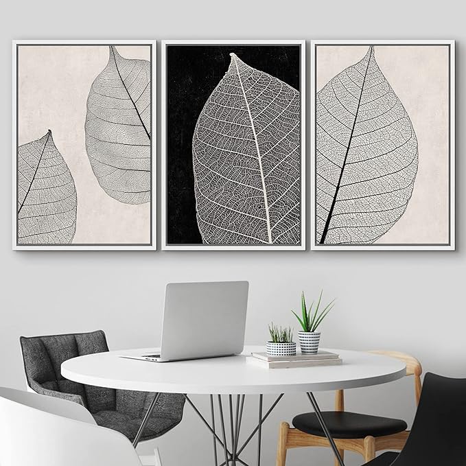 IDEA4WALL Framed Canvas Print Wall Art Set Tan Black Forest Plant Leaf Close Up Details Abstract Shapes Illustrations Modern Art Decorative Nordic for Living Room, Bedroom, Office - 16"x24"x3 White