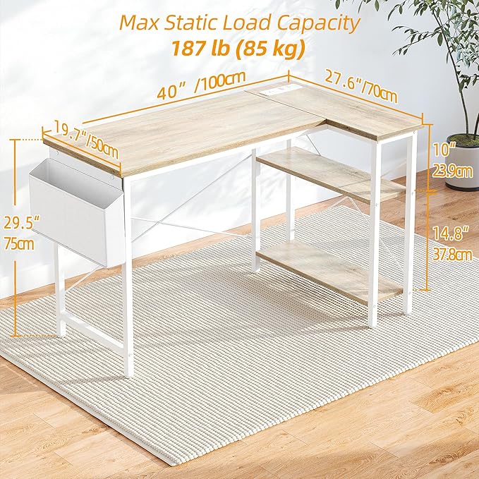 TIQLAB L Shaped Computer Desk with Power Outlets, 47 Inch Small Corner Desk with Reversible Shelves, Gaming Desk Computer Table Study Writing Table for Home Office Bedroom Small Space, Maple