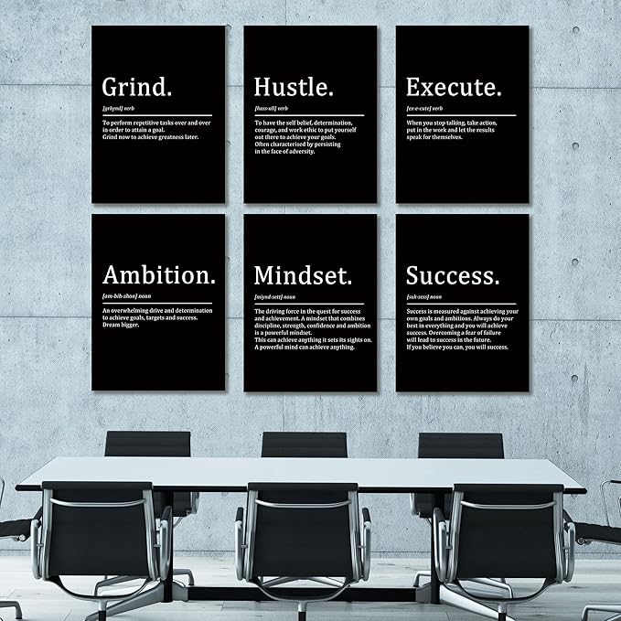 COSCTOR Set of 6 Grind Hustle Execute Ambition Mindset Success Motivational Wall Art Picture Decor Canvas Framed for Office Bedroom Inspirational Home Posters Paintings Ready to Hang(Framed,16x24)