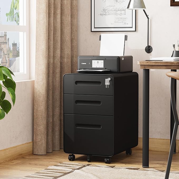 File Cabinet, Mobile Filing Cabinet with Lock, All Steel Structure Printer Stand, Fully Assembled Except Casters, Under Desk Storage for Home Office, 3 Drawers Document Organizer, Black