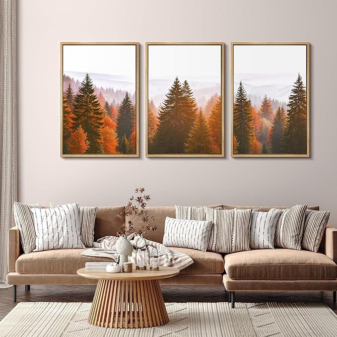 SIGNFORD Framed Wall Art Print Set Golden Autumn Forest Warm Sunrise Landscape Digital Art Modern Art Contemporary for Living Room, Bedroom, Office - 16"x24"x3 Natural