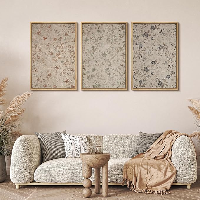 MUDECOR Framed Wall Art Print Set Vintage Floral Botanical in Neutral Tones Illustrations Realism Decorative for Living Room, Bedroom, Office - 24"x36"x3 Natural