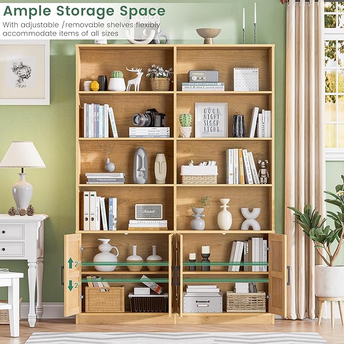 Bookshelf with 4 Doors, 71" Tall Bookcase Book Shelf with Storage Cabinets, Modern Floor Standing Open Display Shelves, 6 Tier Double Book Case for Living Room, Office, Library, Natural