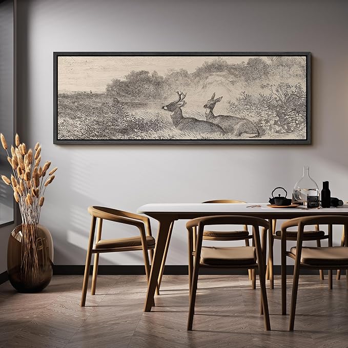 SIGNFORD Large Framed Canvas Vintage Deer Meadow Landscape Illustrations Modern Art Calm Warm for Living Room, Bedroom, Office - 60"x20"