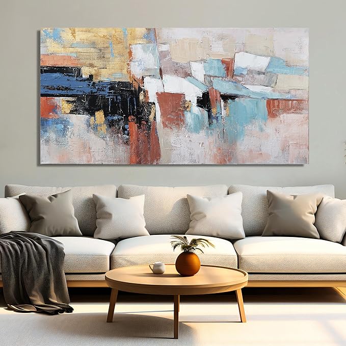 KUPTEU Canvas Wall Art Decor Large Wall Art For Living Room Abstract Art Blue Gold Wall Art Decor Large Canvas Art Work Colorful Abstract Wall Art Prints For Bedroom Office Kitchen Wall Decor 29"x58"