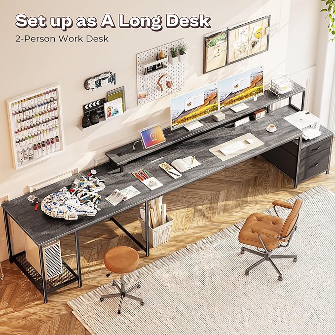 PRAISUN 66" L Shaped Gaming Desk with LED Lights & Power Outlets, Computer Desk with Fabric Drawers and Print Stand, Corner Office Desk, Monitor Stand, Mesh CPU Stand, Grey