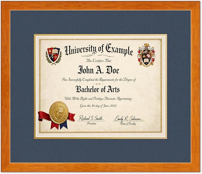 CountryArtHouse Diploma Frame Fits 14 x 11 College Diploma (Modern) - Keepsake Graduation Display Honey Oak Genuine Hardwood with Navy Blue Over Metallic Gold Double mat