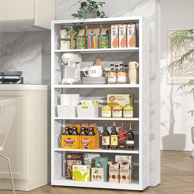 5 Tier Bookshelf, 55"Tall Metal Bookcase with Adjustable Shelves, Modern Display Book Shelf, White Bookcase Shelf, Utility Shelf, Storage Shelves for Office, Living Room, Kitchen, Study-31"W