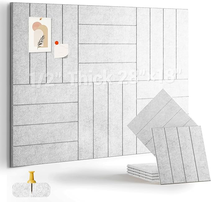 1/2" Thick Cork Board for Office, 6 Pack Felt Wall Tiles -28"x18" with Safe Adhesive Tabs, Large Bulletin Board, Push Pin Board Organizer Wall - Gray Marble