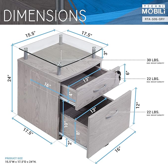 2-Drawer Rolling File Cabinet with Lock and Glass Top, Under Desk File Cabinet with Wheels, Printer Stand, Grey