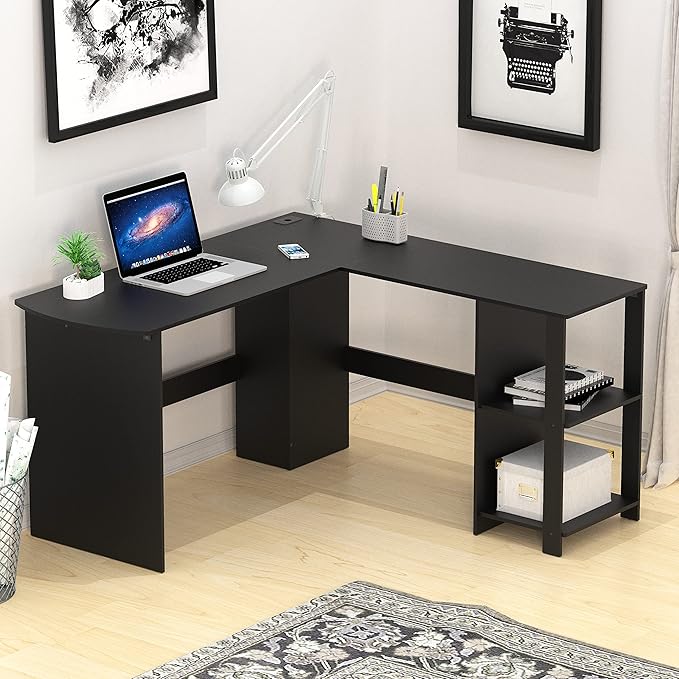 SHW 51 x 51 Inches L-Shaped Home Office Wood Corner Desk wtih Storage, Black