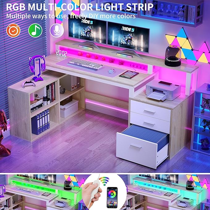 DWVO L Shaped Desk with Drawers, 65" Computer Desk with Power Outlets & LED Lights, Corner Home Office Desk with Storage Shelves & Printer Stand, White & Oak