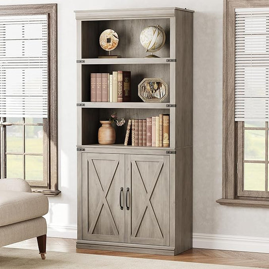 GarveeHome 5 Tier Book case with Cabinet, Farmhouse Book Shelf with Storage Doors, 68.7 in Tall Wooden 5 Shelf Case for Home Office, Living Room, Bed Room-(Grey, 68.7 in H x 31.5 in W x 12.9 in D)