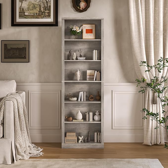 Tall Bookshelf, 6-Tier Bookcase with 2 Adjustable Shelves, Modern Farmhouse Storage for Living Room, Entryway, Office, 23.6" W x 74.8" H x 10.6" D, Grey