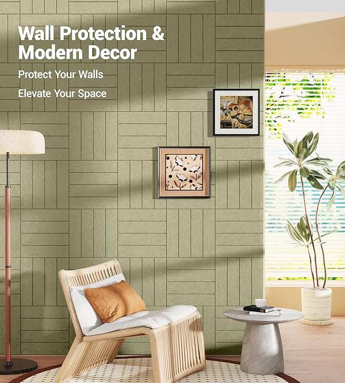 1/2" Thick Cork Board for Office, 6 Pack Felt Wall Tiles -28"x18" with Safe Adhesive Tabs, Large Bulletin Board, Push Pin Board Organizer Wall - Sage Green