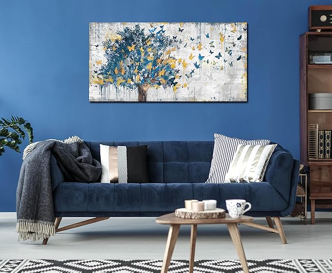 Kepgonegu Large Canvas Wall Art Blue Tree Golden Butterflies Picture Abstract Grey Graffiti Canvas Prints Ready to Hang for Living Room Bedroom Size 30x60