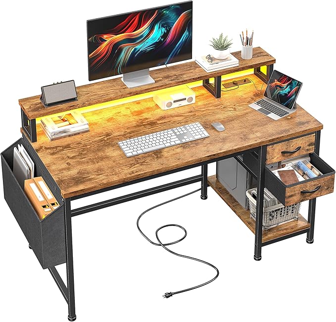 40" Computer Desk with LED Strip, Gaming Desk with Drawers & Storage Bag, Office Desk with Power Outlets & Monitor Stand, Home Office Desks for Bedroom, Gaming Room, Rustic Brown
